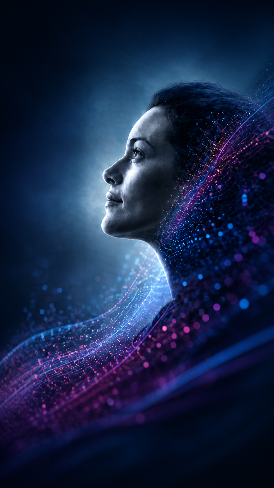 A woman looking forward, surrounded by flowing digital particles