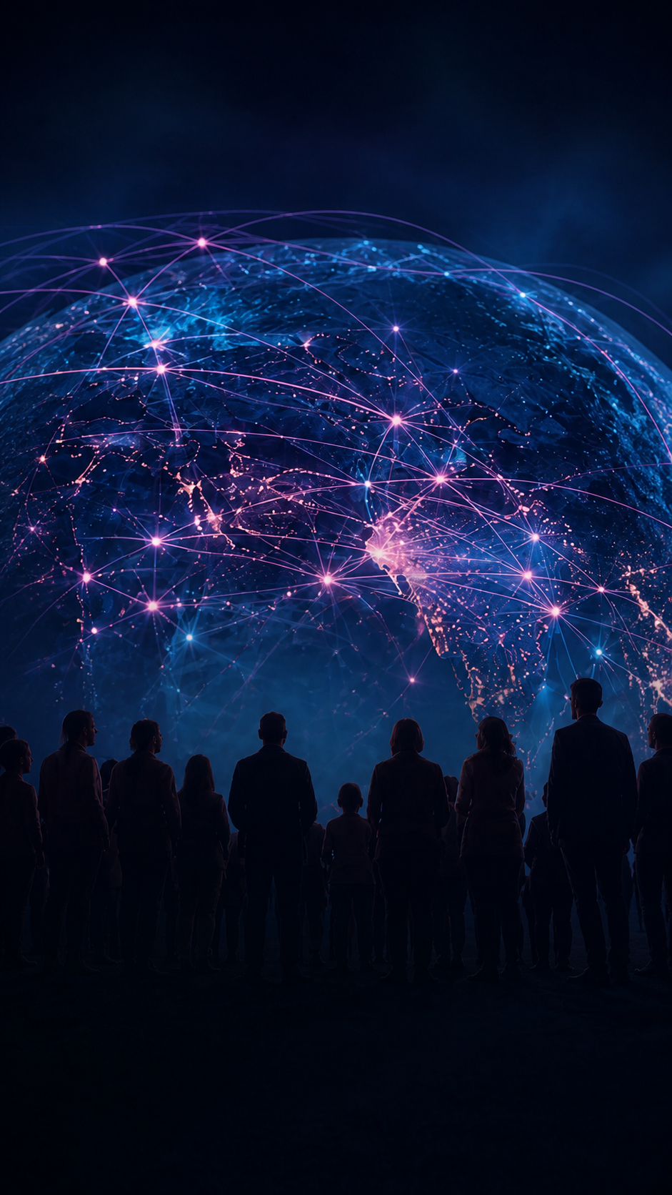 A connected digital globe viewed by a group of people