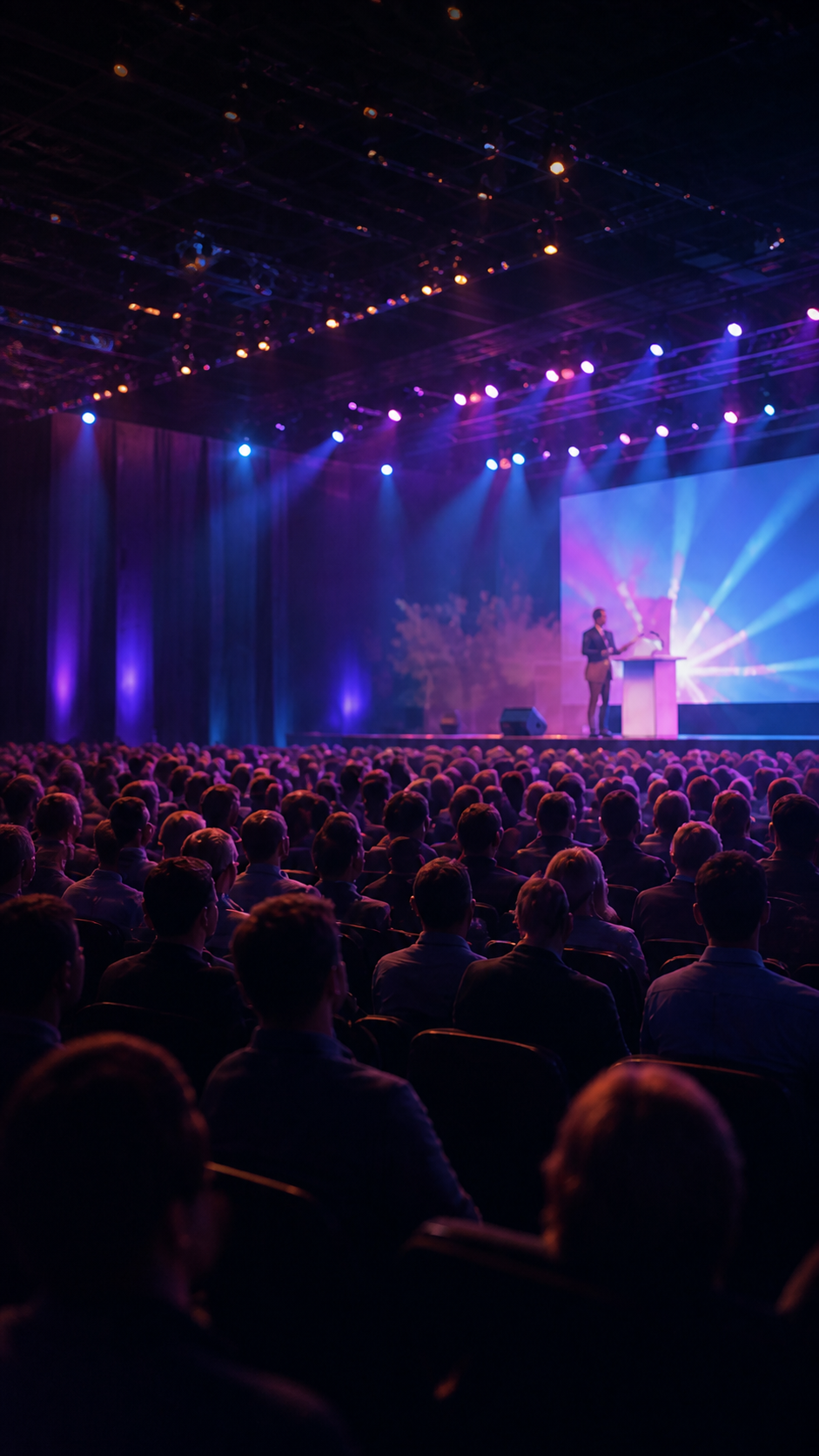 A medical conference presentation before a large audience